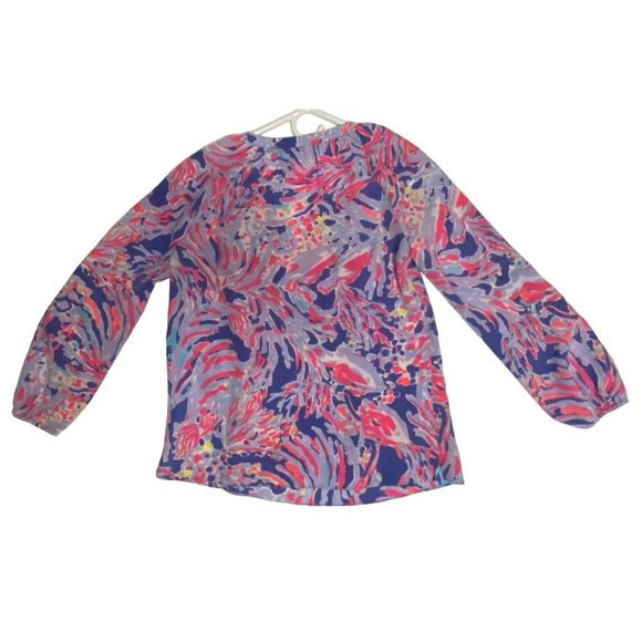 Lilly Pulitzer Women's XS Long Sleeve V-Neck Silk Elsa Top Pink Purple White - Picture 8 of 12